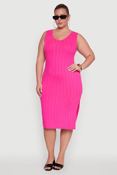 Womens Plus Size Ribbed Knit Scoop Neck Sleeveless Midi Dress, Pink, Size 2X