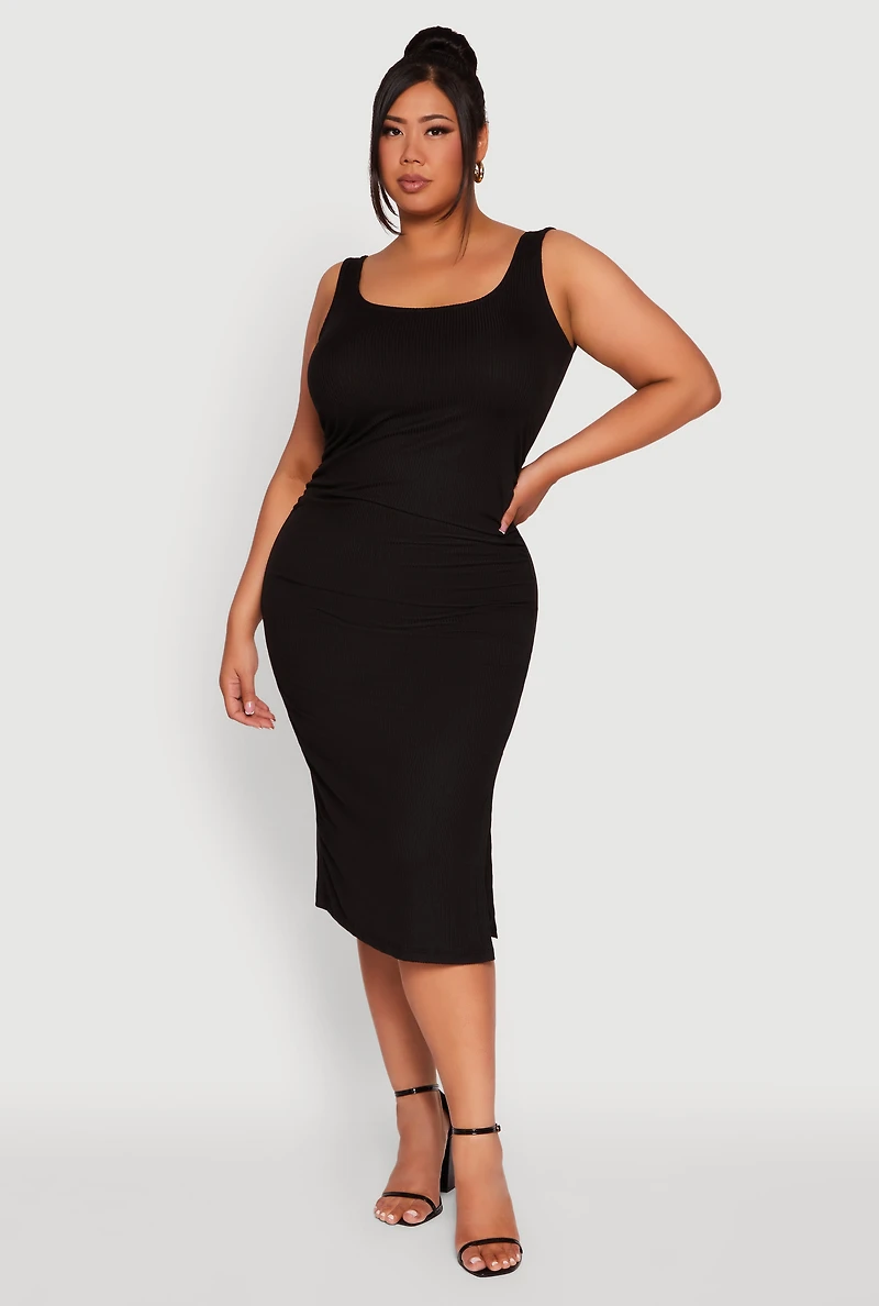 Womens Plus Ribbed Knit Side Slit Ruched Tank Dress, 2X
