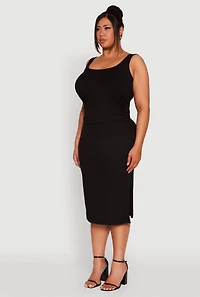 Womens Plus Ribbed Knit Side Slit Ruched Tank Dress, 2X
