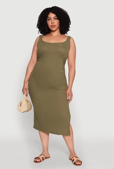 Womens Plus Size Ribbed Knit Side Slit Ruched Tank Dress, Green, Size 4X