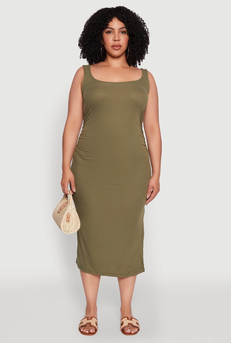 Womens Plus Size Ribbed Knit Side Slit Ruched Tank Dress, Green, Size 3X
