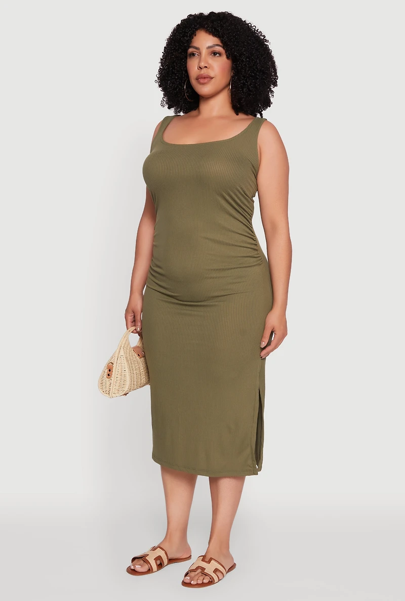 Womens Plus Size Ribbed Knit Side Slit Ruched Tank Dress, Green, Size 3X