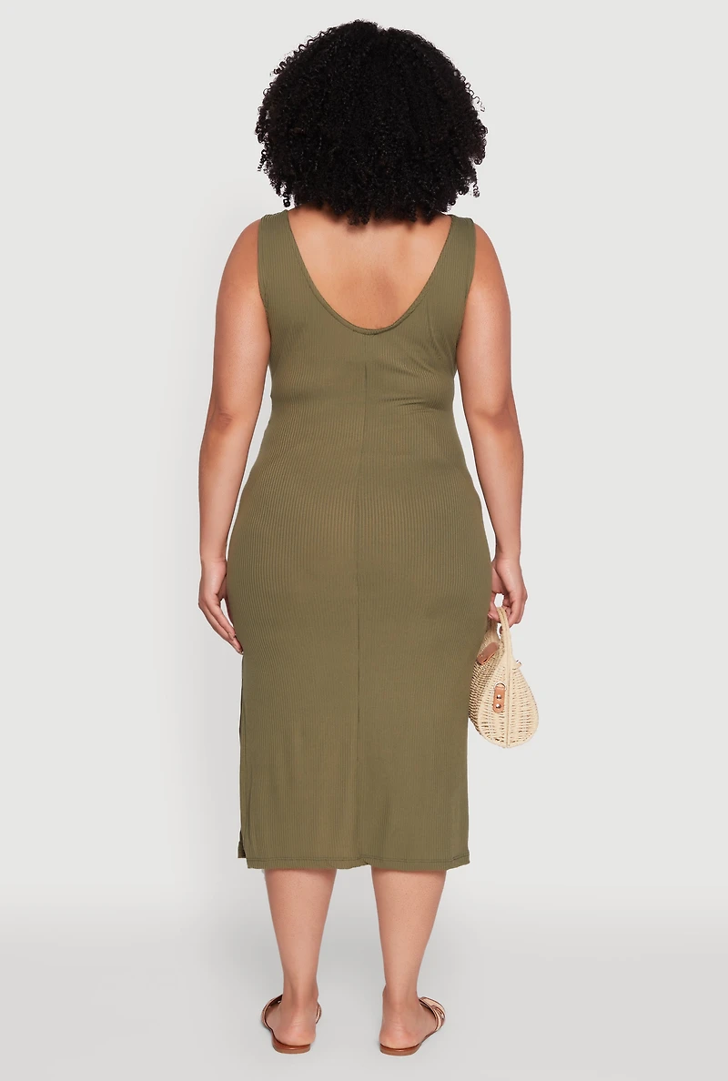 Womens Plus Size Ribbed Knit Side Slit Ruched Tank Dress, Green, Size 3X