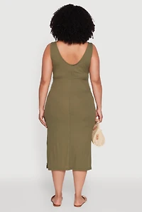 Womens Plus Size Ribbed Knit Side Slit Ruched Tank Dress, Green, Size 3X