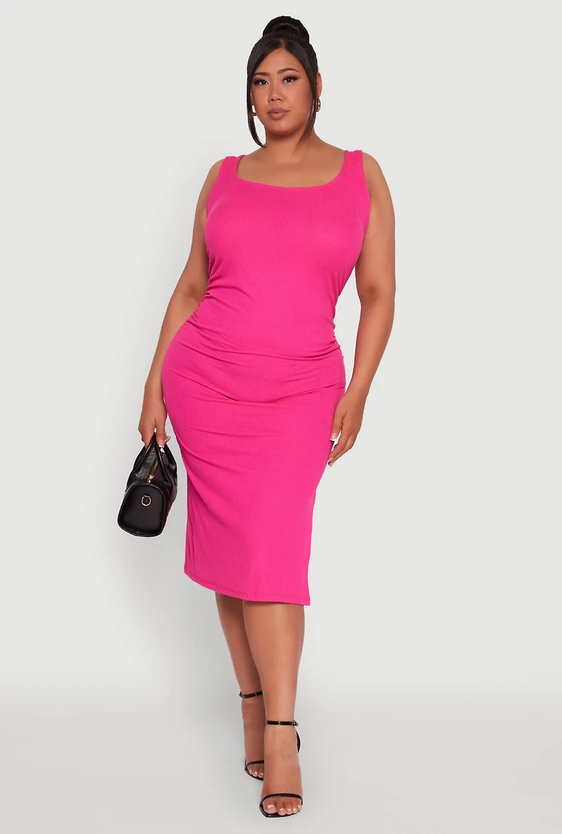 Plus Ribbed Knit Side Slit Ruched Tank Dress