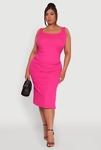 Plus Ribbed Knit Side Slit Ruched Tank Dress