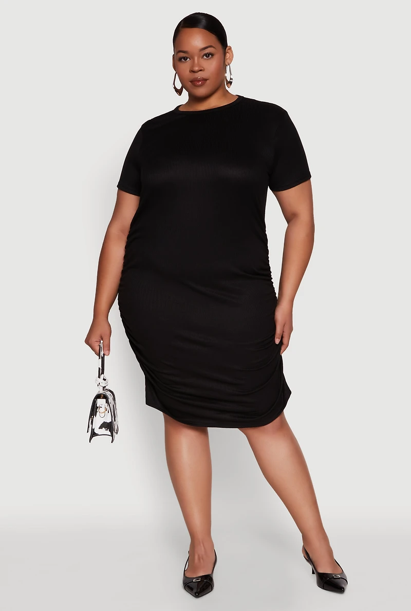 Plus Side Ruched Rib Knit T Shirt Dress