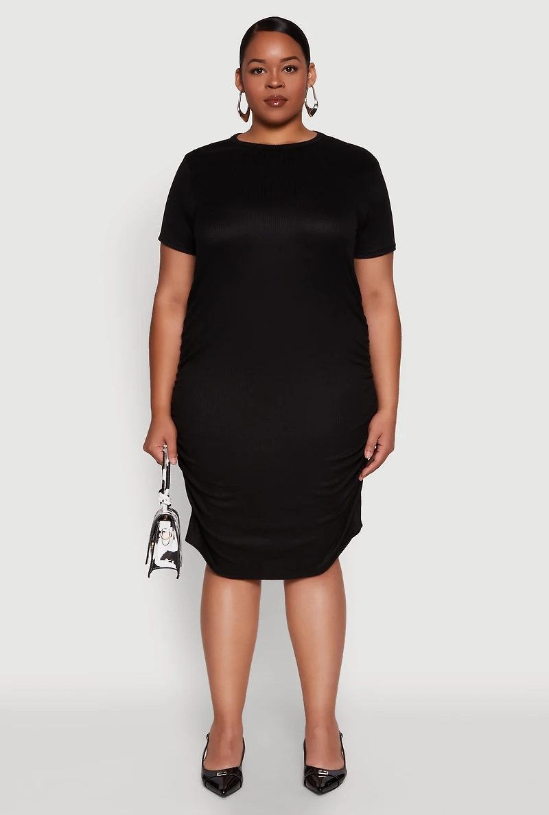 Womens Plus Side Ruched Rib Knit T Shirt Dress, 3X