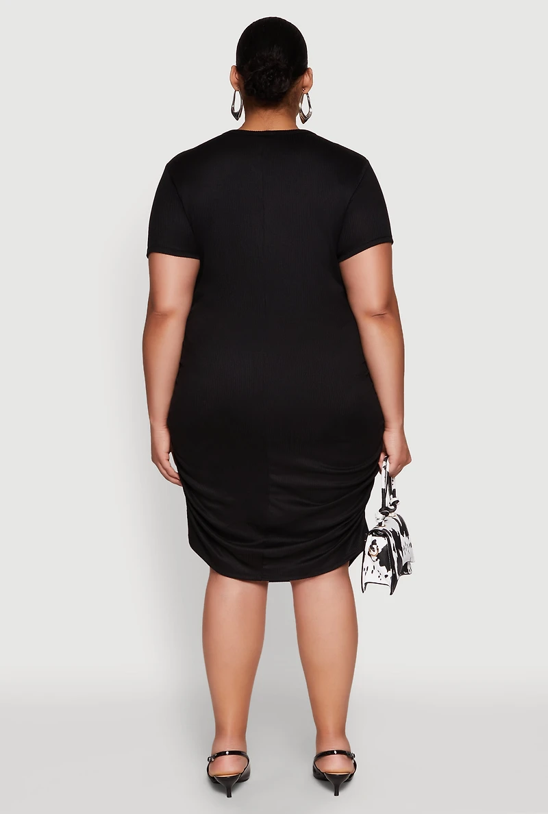 Womens Plus Side Ruched Rib Knit T Shirt Dress, 3X