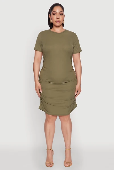 Womens Plus Side Ruched Rib Knit T Shirt Dress, Green,