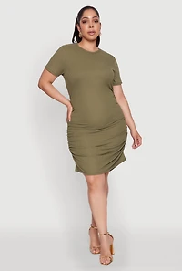 Womens Plus Side Ruched Rib Knit T Shirt Dress, Green,