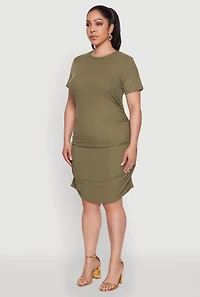 Womens Plus Side Ruched Rib Knit T Shirt Dress, Green,