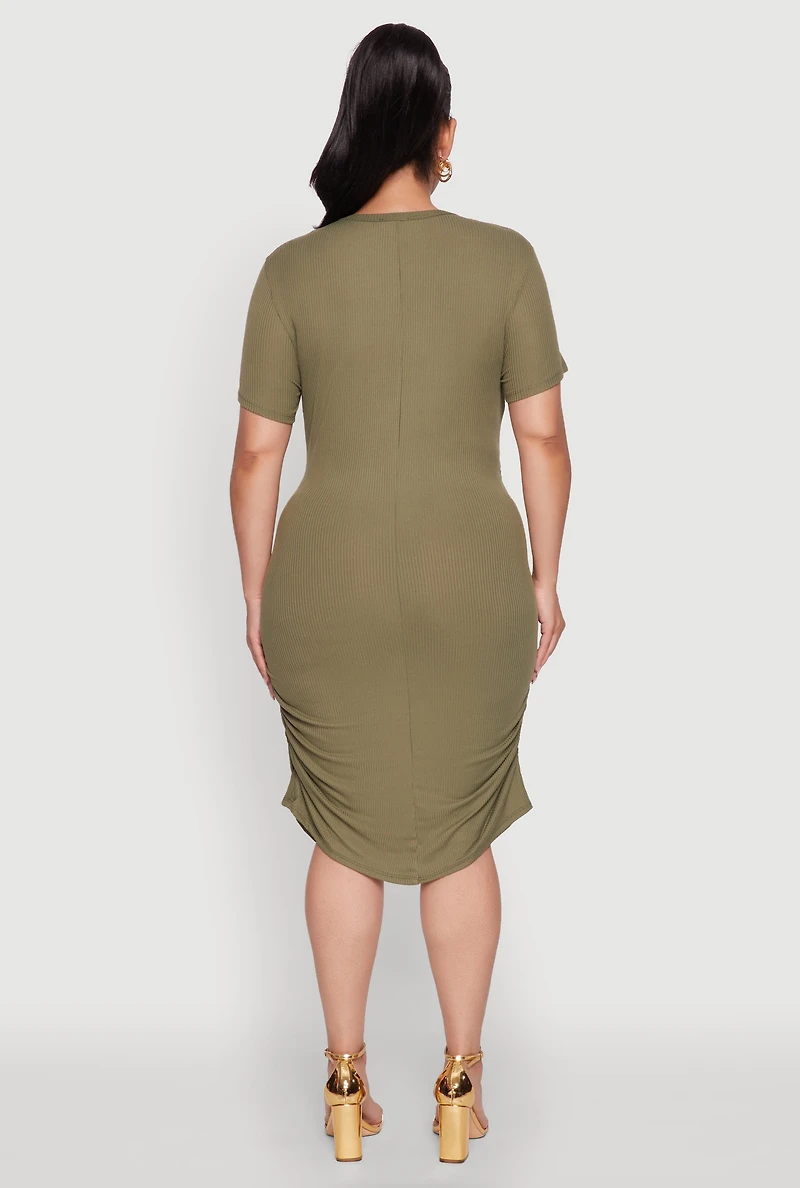 Womens Plus Size Side Ruched Rib Knit T Shirt Dress, Green, Size 2X