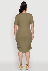 Womens Plus Size Side Ruched Rib Knit T Shirt Dress, Green, Size 2X