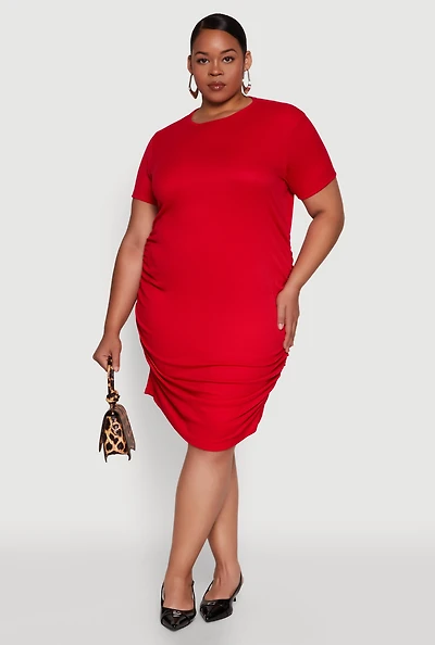 Womens Plus Size Side Ruched Rib Knit T Shirt Dress, Red, Size 2X