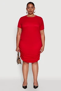 Womens Plus Size Side Ruched Rib Knit T Shirt Dress, Red, Size 2X