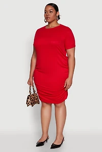 Womens Plus Size Side Ruched Rib Knit T Shirt Dress, Red, Size 2X