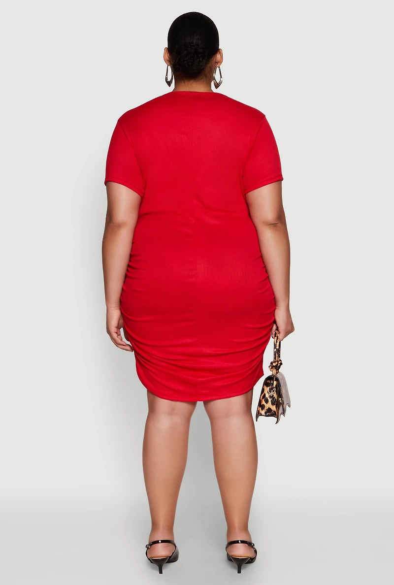 Womens Plus Size Side Ruched Rib Knit T Shirt Dress, Red, Size 2X