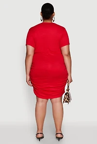 Womens Plus Size Side Ruched Rib Knit T Shirt Dress, Red, Size 2X