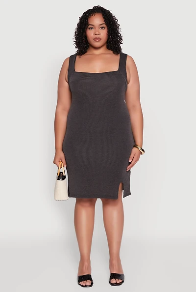 Womens Plus Size Ribbed Knit Square Neck Tank Dress, Black, Size 4X