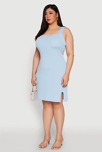 Womens Plus Size Ribbed Knit Square Neck Tank Dress, Blue, Size 2X