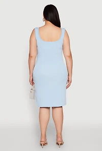 Womens Plus Size Ribbed Knit Square Neck Tank Dress, Blue, Size 2X