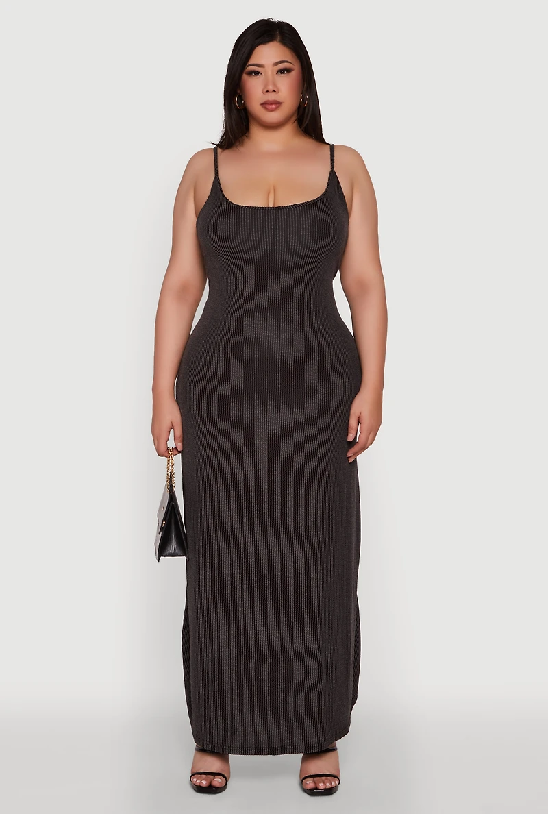 Womens Plus Textured Knit Scoop Neck Spaghetti Strap Cami Dress,