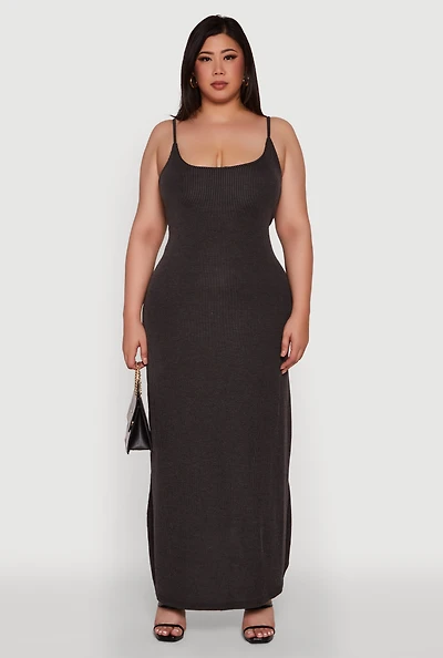 Womens Plus Size Textured Knit Scoop Neck Spaghetti Strap Cami Dress, Black, Size 2X