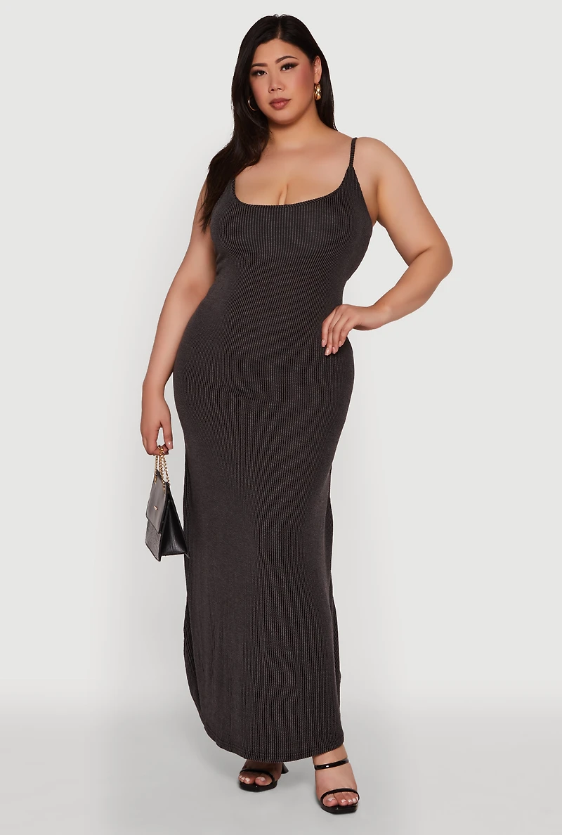 Womens Plus Textured Knit Scoop Neck Spaghetti Strap Cami Dress,
