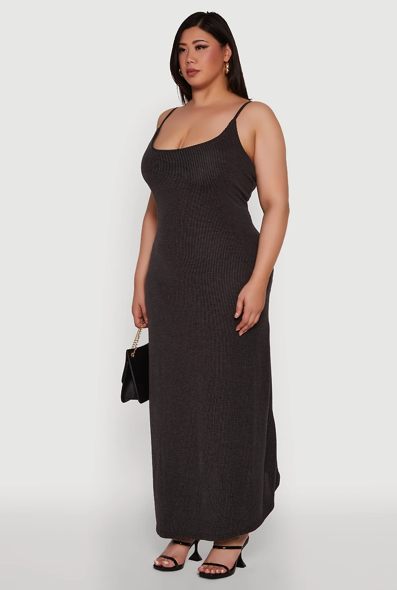 Womens Plus Textured Knit Scoop Neck Spaghetti Strap Cami Dress,