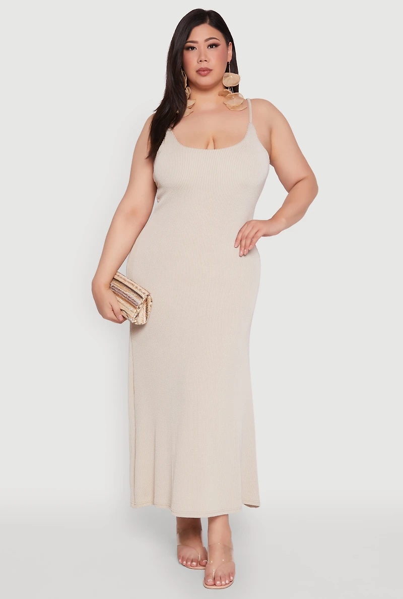 Plus Textured Knit Scoop Neck Spaghetti Strap Cami Dress