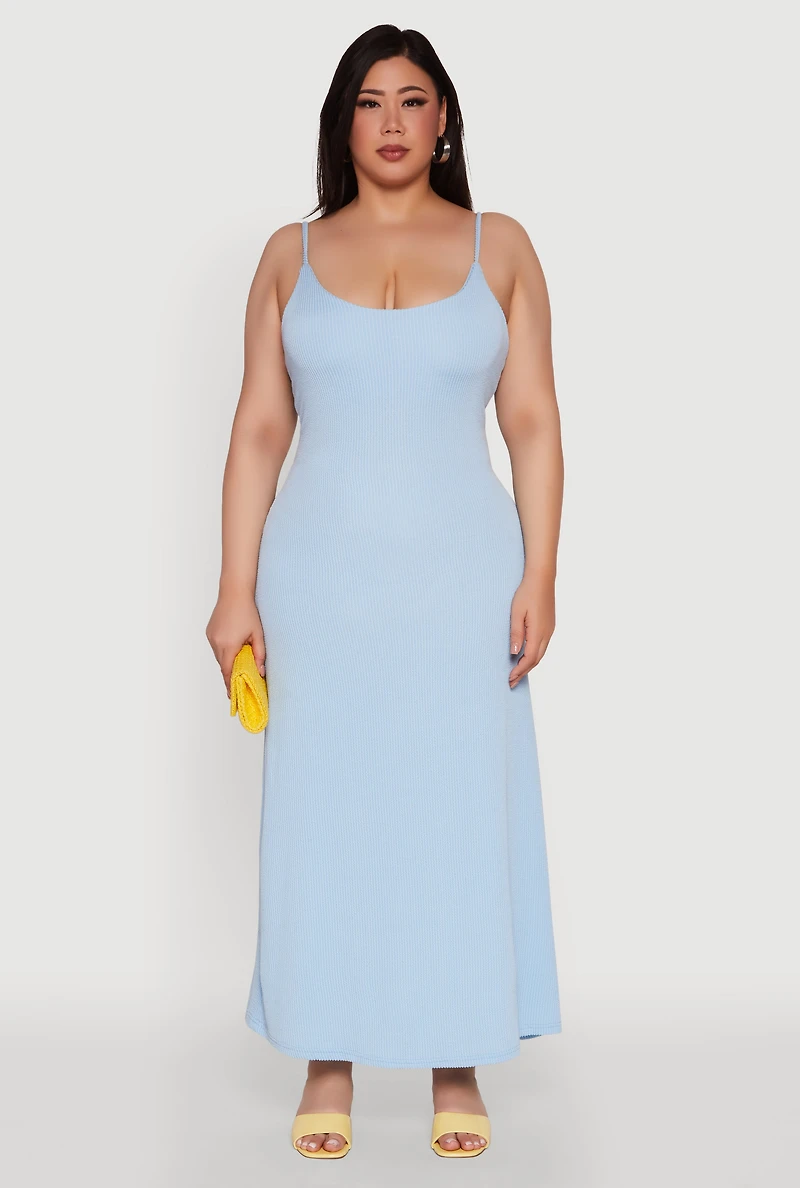 Womens Plus Size Textured Knit Scoop Neck Spaghetti Strap Cami Dress, Blue, Size 3X