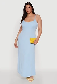 Womens Plus Size Textured Knit Scoop Neck Spaghetti Strap Cami Dress, Blue, Size 3X