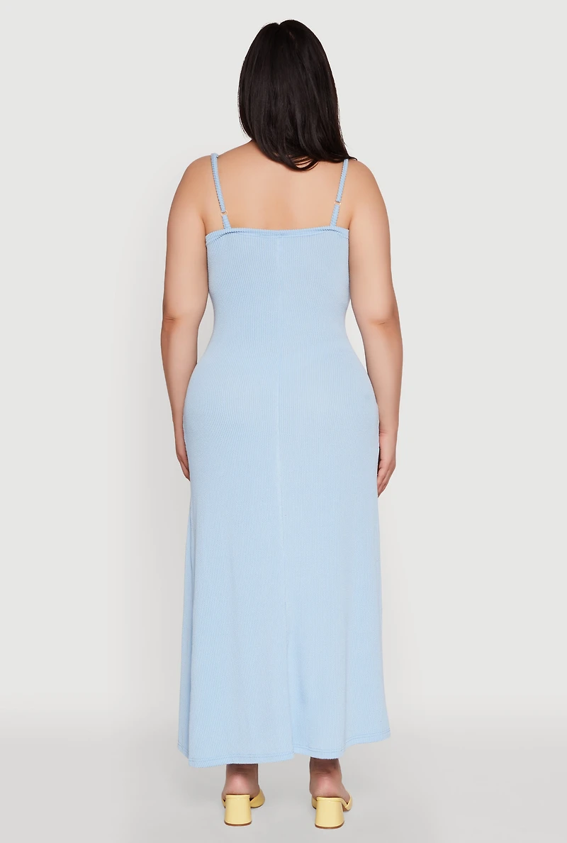Womens Plus Size Textured Knit Scoop Neck Spaghetti Strap Cami Dress, Blue, Size 2X