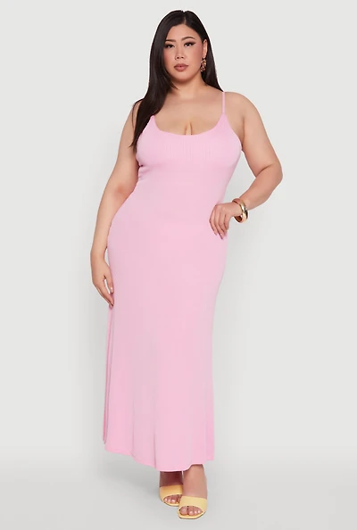 Womens Plus Size Textured Knit Scoop Neck Spaghetti Strap Cami Dress, Pink, Size 1X