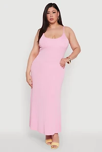 Womens Plus Size Textured Knit Scoop Neck Spaghetti Strap Cami Dress, Pink, Size 1X