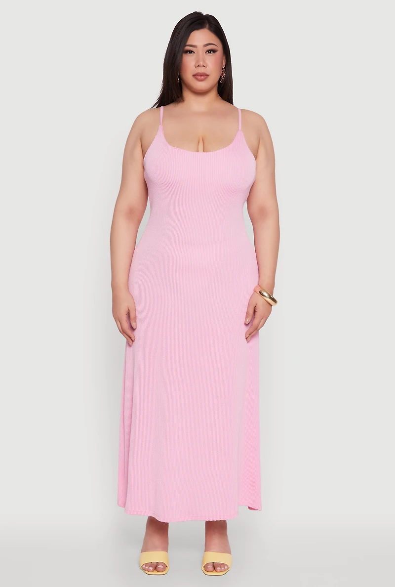 Womens Plus Size Textured Knit Scoop Neck Spaghetti Strap Cami Dress, Pink, Size 1X