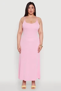 Womens Plus Size Textured Knit Scoop Neck Spaghetti Strap Cami Dress, Pink, Size 1X