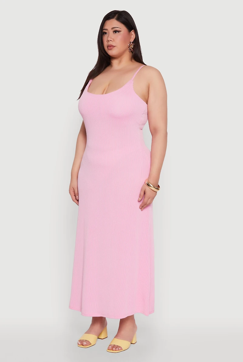 Womens Plus Size Textured Knit Scoop Neck Spaghetti Strap Cami Dress, Pink, Size 1X