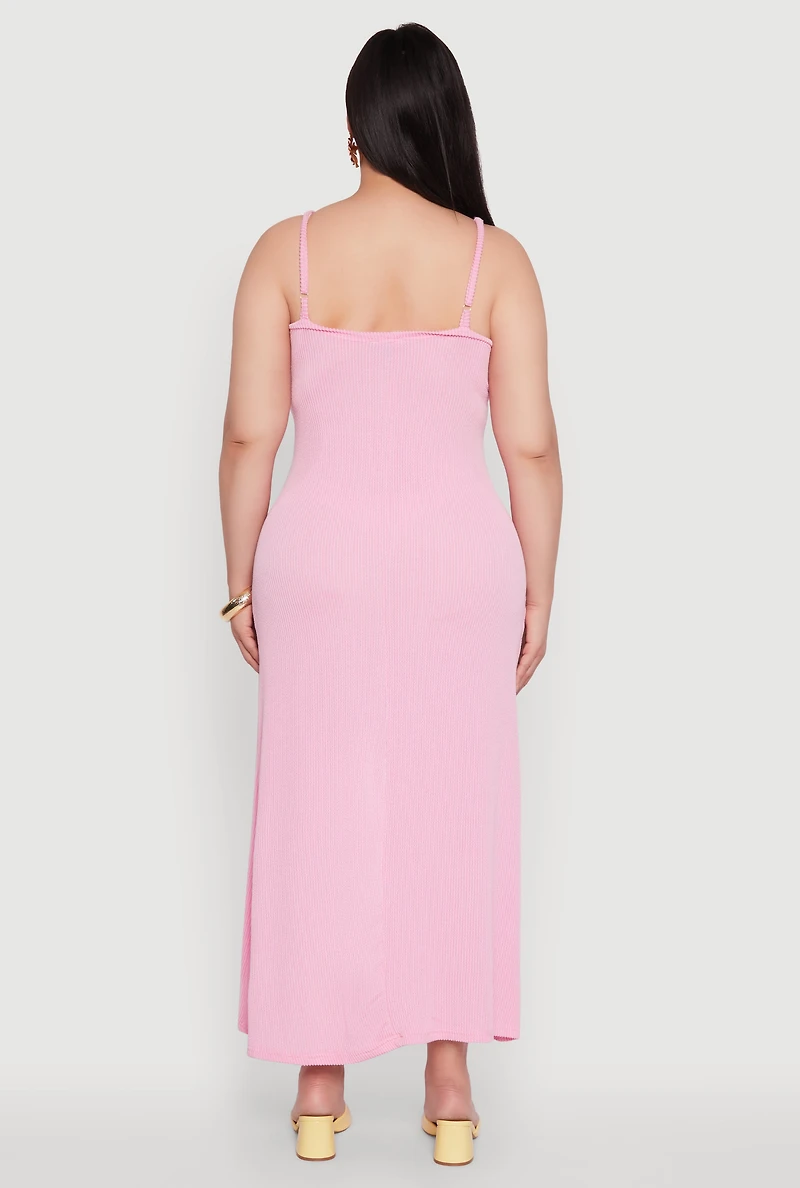 Womens Plus Size Textured Knit Scoop Neck Spaghetti Strap Cami Dress, Pink, Size 1X
