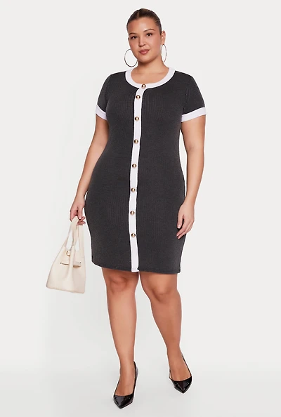 Plus Faux Button Front Dress with Contrast Trim