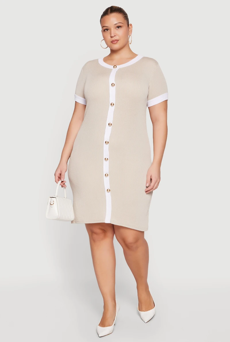 Plus Faux Button Front Dress with Contrast Trim