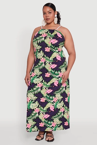 Womens Plus Size Leaf Print Rope Strap Maxi Dress, Multi, Size 2X