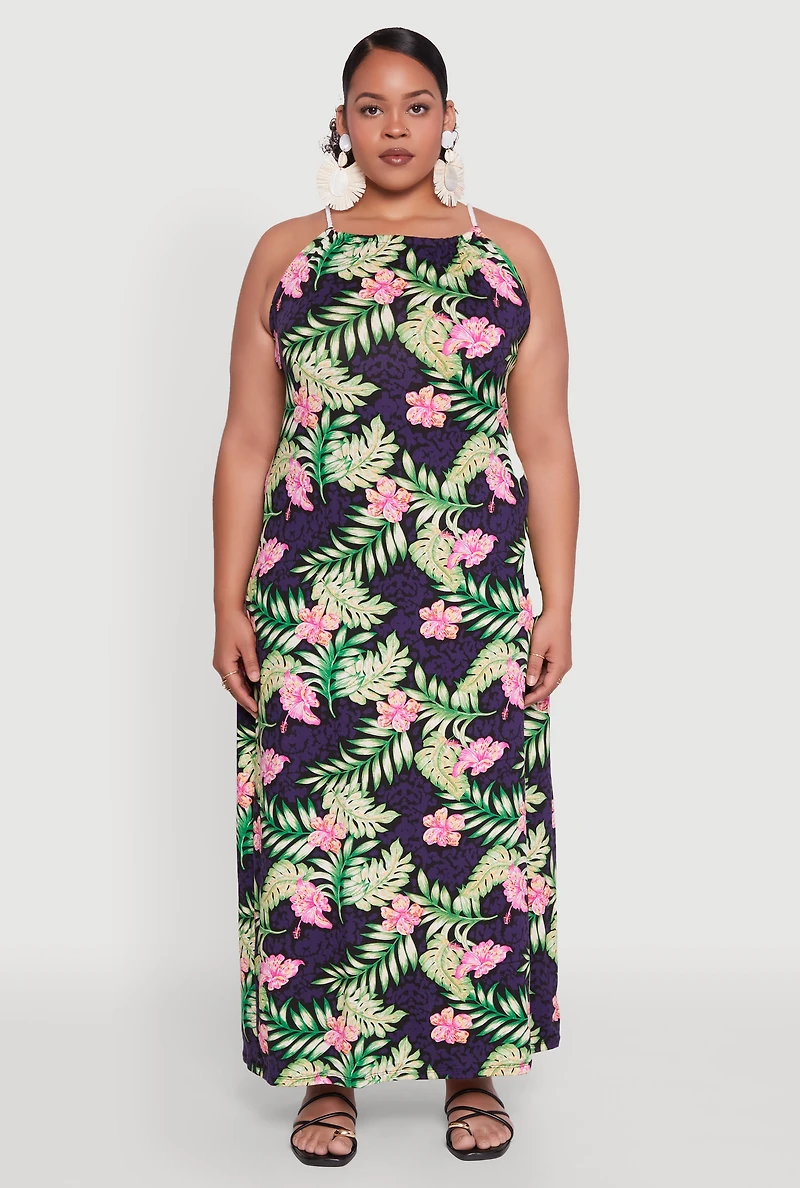 Womens Plus Size Leaf Print Rope Strap Maxi Dress, Multi, Size 2X