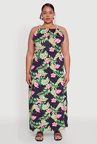 Womens Plus Size Leaf Print Rope Strap Maxi Dress, Multi, Size 2X