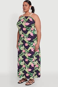 Womens Plus Size Leaf Print Rope Strap Maxi Dress, Multi, Size 2X