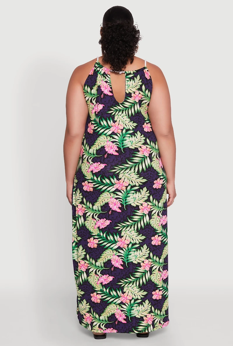 Womens Plus Size Leaf Print Rope Strap Maxi Dress, Multi, Size 2X