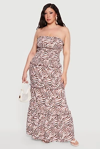 Plus Zebra Print Smocked Strapless Maxi Dress