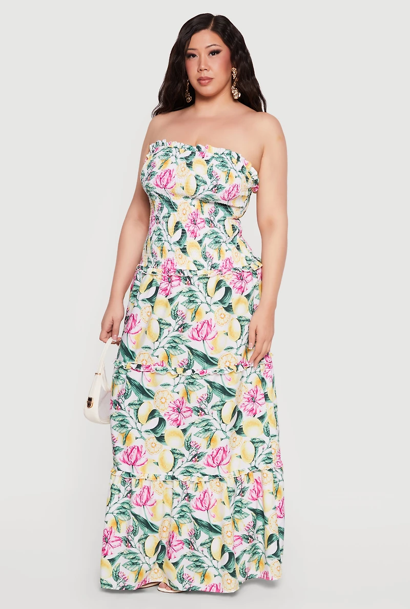Plus Floral Lemon Print Smocked Strapless Maxi Dress
