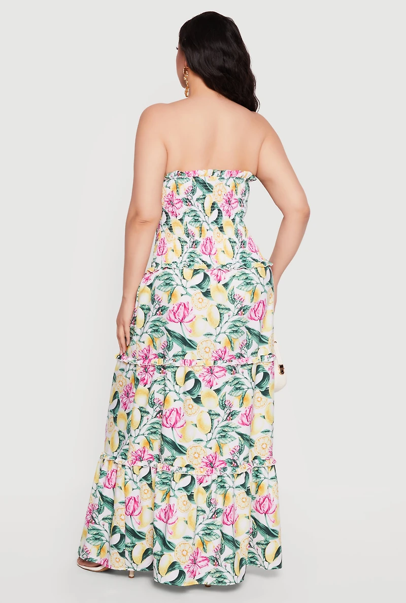 Plus Floral Lemon Print Smocked Strapless Maxi Dress